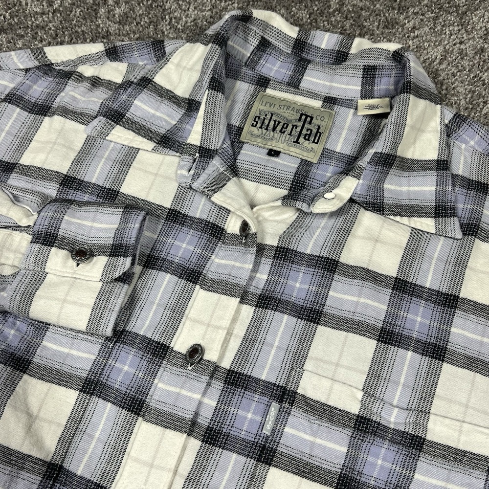 Levis SilverTab Flannel Shirt Mens Large Blue White Plaid Vintage 90s Skater